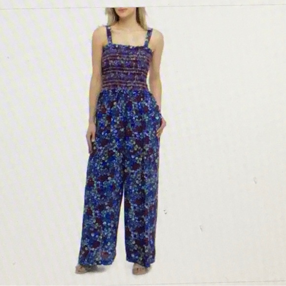 Kaari Blue Blue Multi Smocked Wide Leg Jumpsuit Size XL. NWT - Picture 1 of 7
